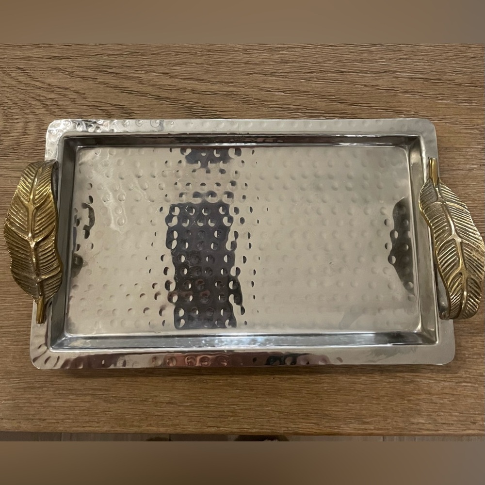 Metal Rectangular MetalTray with Hammered Design and Brass Leaf Handles